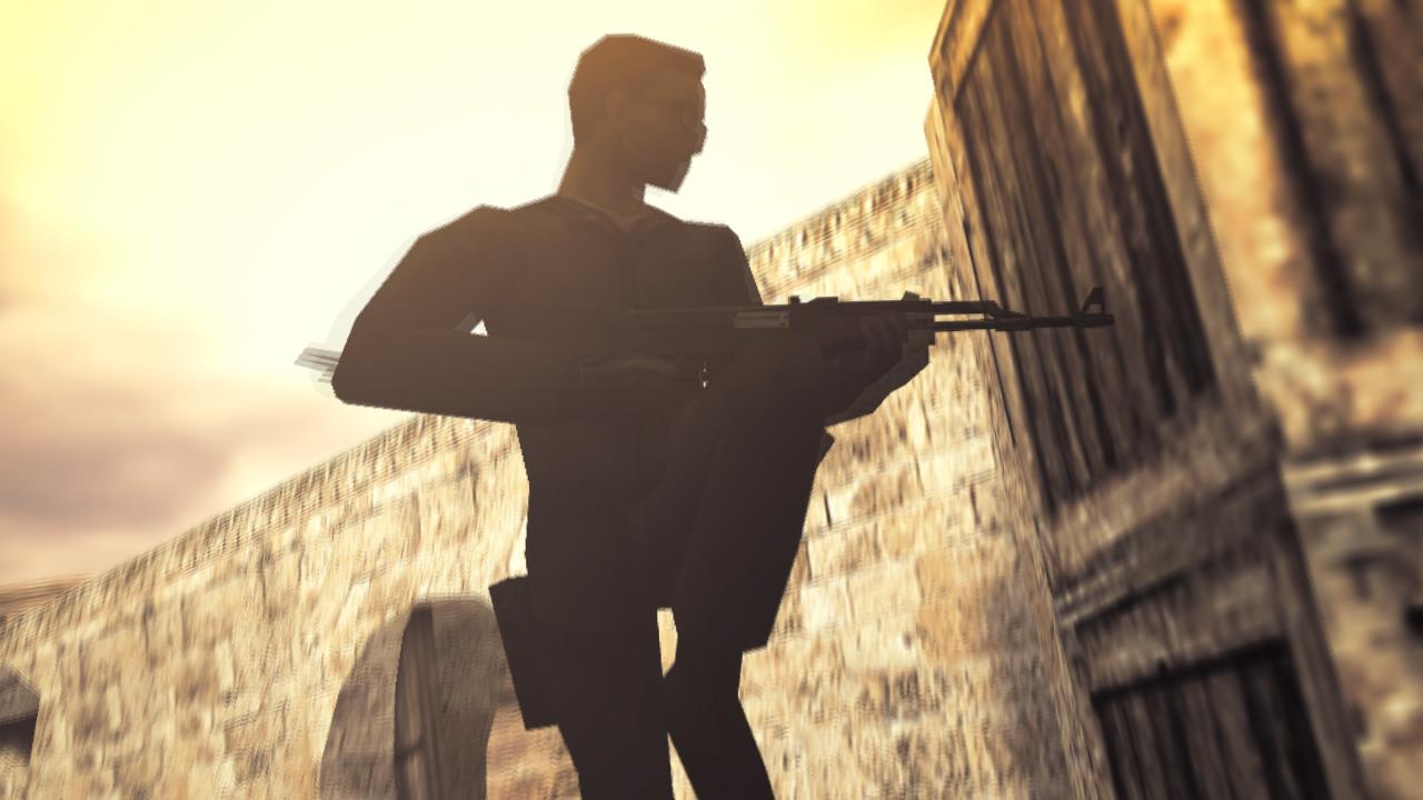 Terrorista Leet armado con AK47 dando un salto para disparar a Policia en Site B